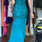 Teal Halter Sequin Fringe Prom Dress Sweetheart Neck Slit Long Formal Evening Gown gh9841