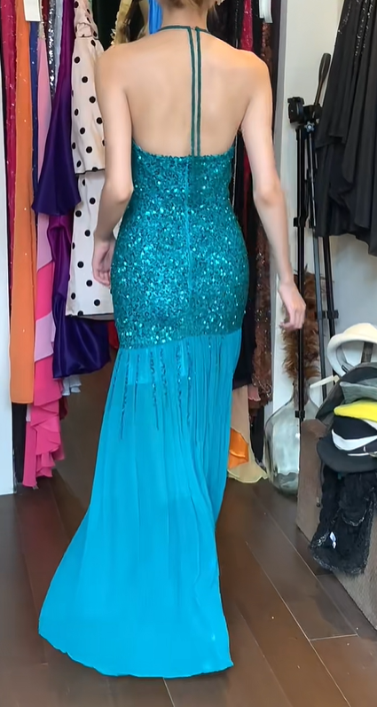 Teal Halter Sequin Fringe Prom Dress Sweetheart Neck Slit Long Formal Evening Gown gh9841