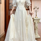 Ivory Vintage Lace Empire Waist Wedding Prom Dress, V‑Neck Tulle Puff 3/4 Sleeves, Gem Lace Appliqués, Full Lace Long Train gh8703