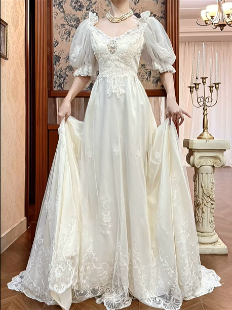 Ivory Vintage Lace Empire Waist Wedding Prom Dress, V‑Neck Tulle Puff 3/4 Sleeves, Gem Lace Appliqués, Full Lace Long Train gh8703