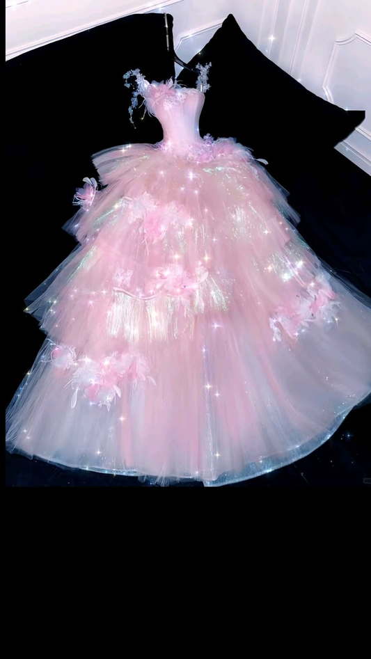 ✨Girlhomeshops-Pink Feather 3D Floral Tiered Ball Gown Prom Dress gh10182