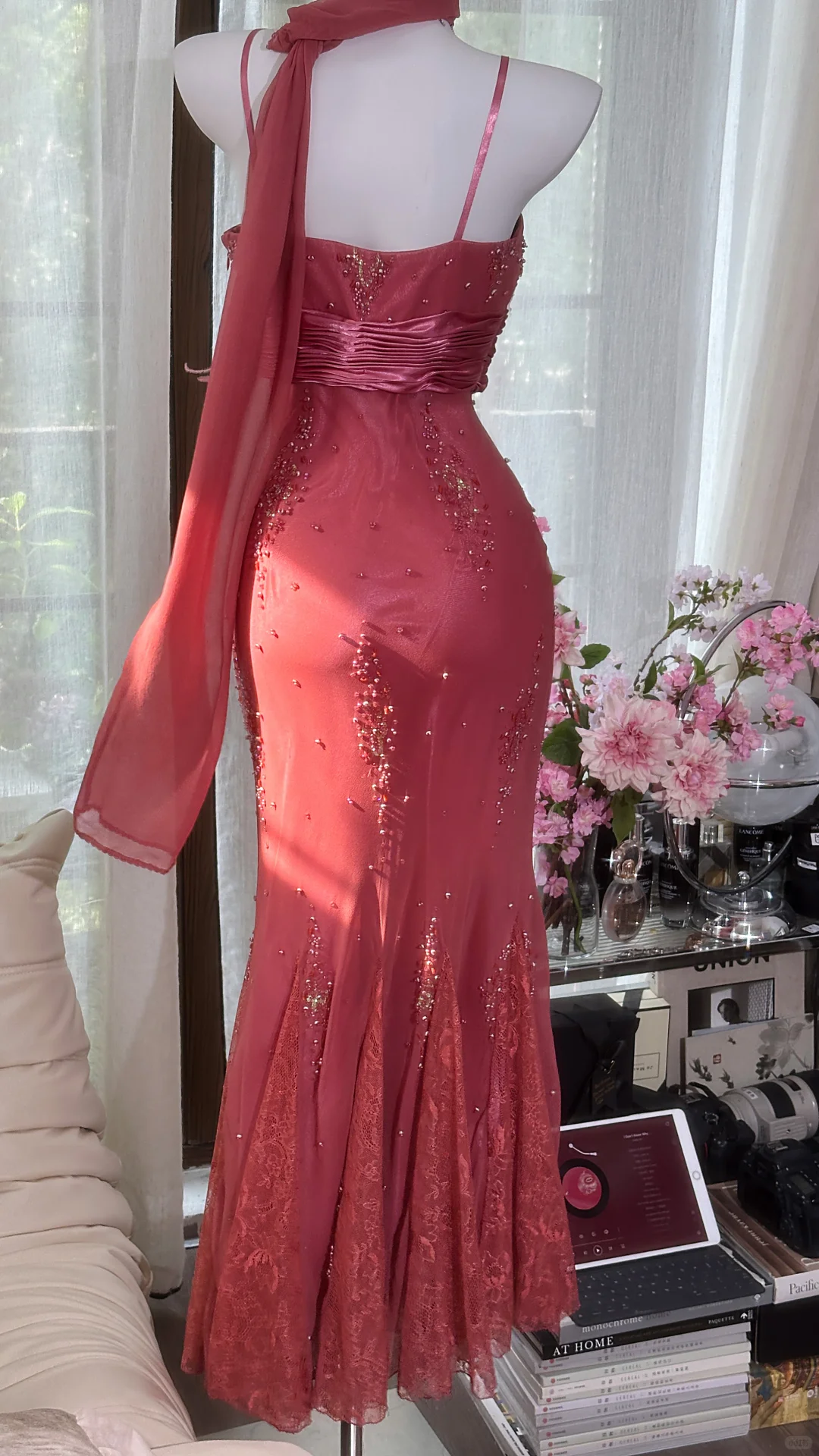 Dusty Pink Square Neck Spaghetti Strap Beaded 3D Floral Waist Lace Mermaid Long Evening Dress with Chiffon Sash, Prom Gown gh9530