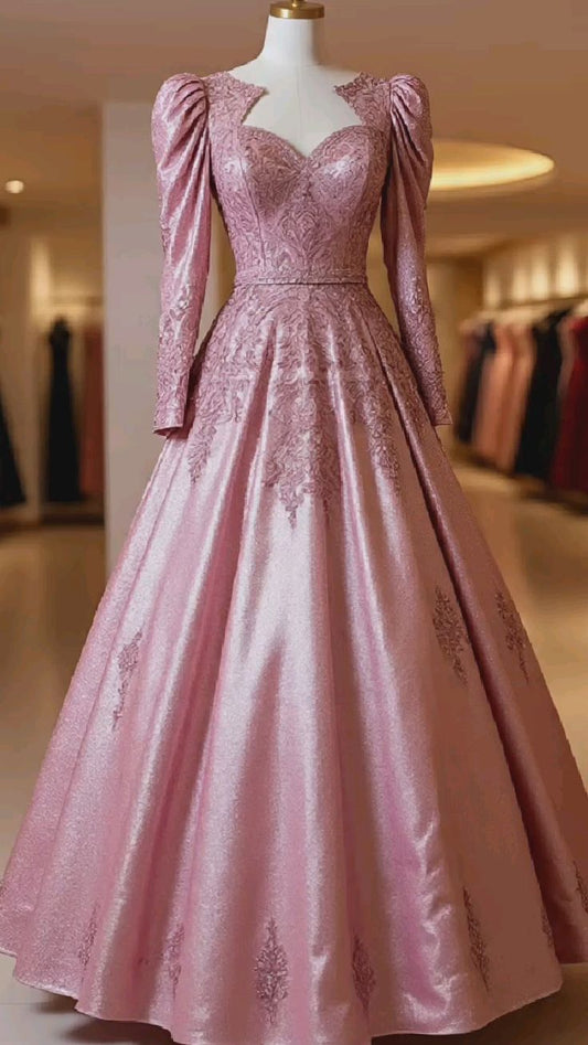 girlhomeshops-Rosa langärmeliges, zart perlenbesetztes, bodenlanges Ballkleid aus Satin gh6157