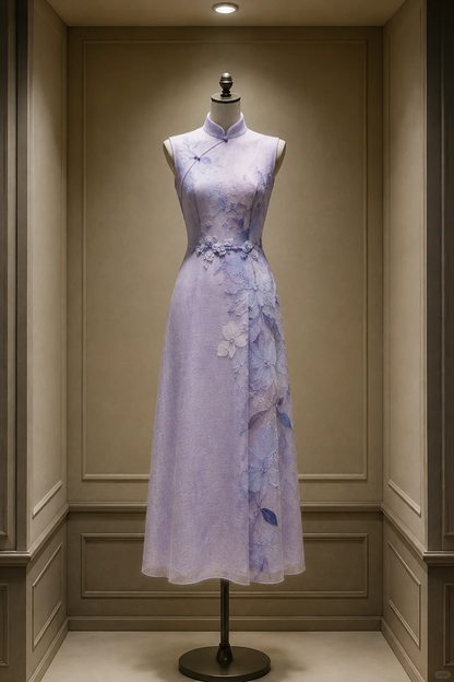 ✨Girlhomeshops-Lavender Ombre Blue Floral Long Cheongsam Qipao gh10434
