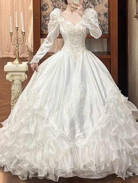 White Vintage Satin Ball Gown Wedding Prom Dress, V‑Neck, 3D Floral Shoulders, Leg‑of‑Mutton Long Sleeves, Multi‑Tier Ruffled Cake Skirt gh8685