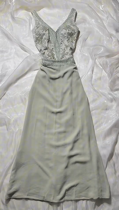 Vintage Luxury Sage Green Spaghetti Strap Beaded Fitted Waist Prom & Evening Party Dress gh8537