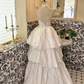 White Strapless Waist-Cinched Voluminous Tiered Skirt Classic Romantic Dress, Wedding Gown gh7660