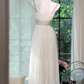 Off White Off Shoulder Silver Beaded Pleated Long Evening Dress, A-Line Chiffon Formal Gown gh9503