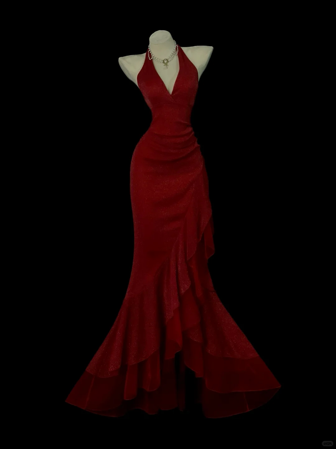 Wine‑Red Sparkly Mermaid Evening Gown, Halter Deep‑V Neck Backless Design, Ruched Waist Detail, Side Tiered Ruffle Trim, Fitted Mermaid Floor‑Length Skirt, Retro Formal Prom Photoshoot Party Dress gh8867