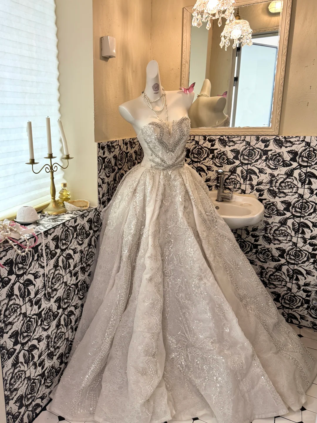 Ivory Strapless Waist-Cinched Beaded Full Flared Long Vintage Romantic Dress, Wedding Gown gh7583