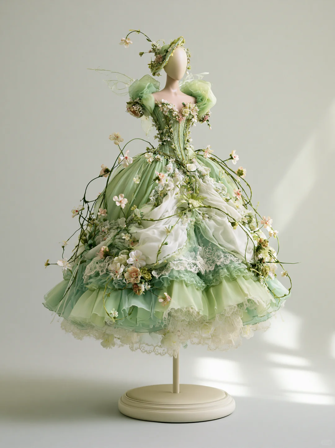 ✨Girlhomeshops-Sage Green Short Forest Fairy 3D Floral Puff Sleeve Tulle Ball Gown gh10498
