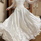 White Vintage Satin Wedding Ball Gown, V‑Neck Sheer Lace Long Sleeves, Lace Beaded Appliqué Fitted Bodice, Multi‑Layer Ruffle Cake Skirt, Prom Dress gh8658
