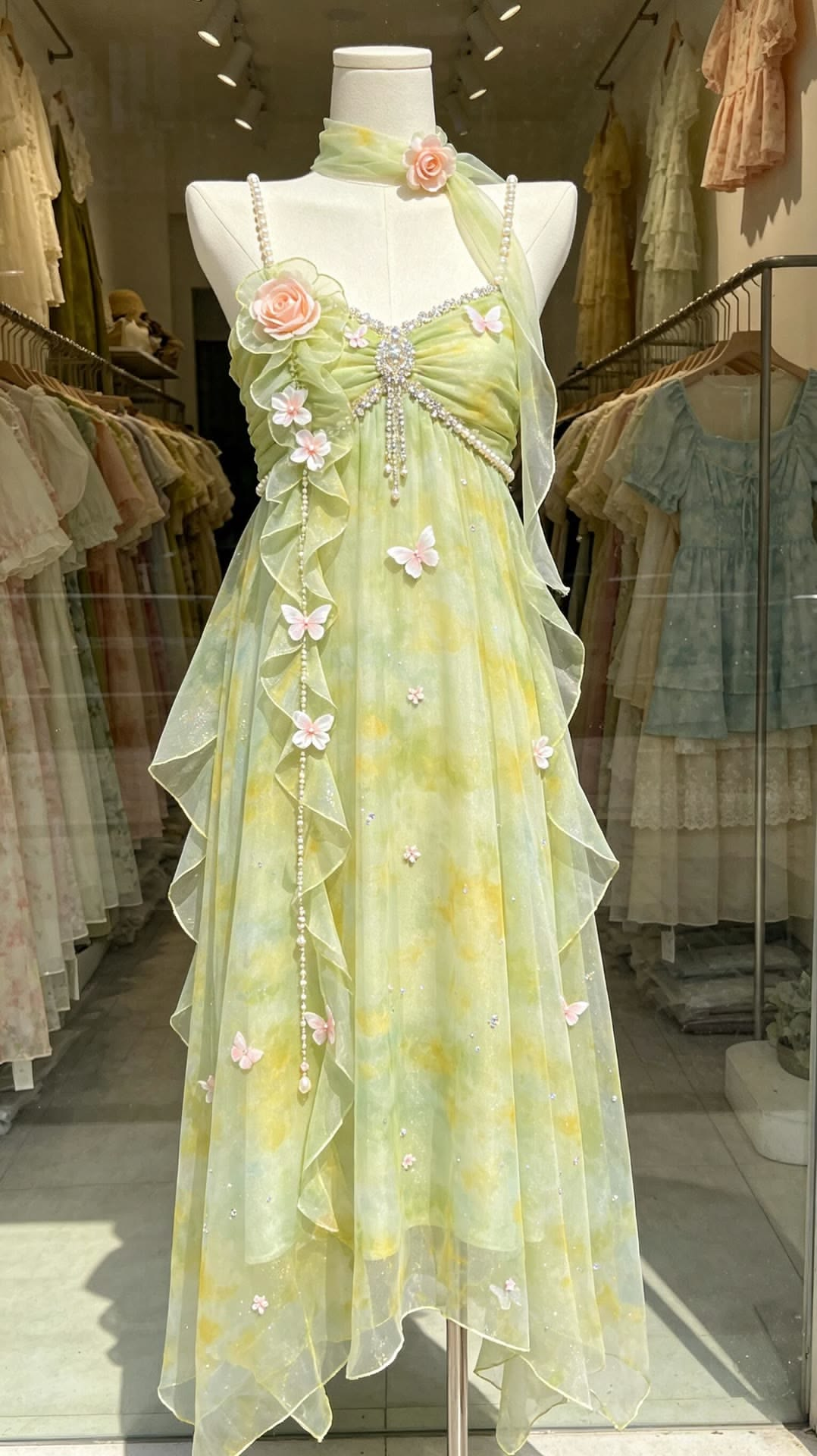 Yellow-Green Spaghetti Straps High Waist Irregular Hem Evening Dress, Fairy Gown, Romantic Gown gh7427