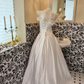 White Satin Strapless Floral Embroidered Waist-Cinched Draped Long Romantic Dress, Wedding Gown gh7596