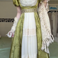 Vintage Regency Olive Green Square Neck Ball Gown, Puff Sleeves Floral Embroidery Lace Pearl Formal Prom Dress gh9008