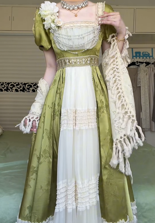 Vintage Regency Olive Green Square Neck Ball Gown, Puff Sleeves Floral Embroidery Lace Pearl Formal Prom Dress gh9008