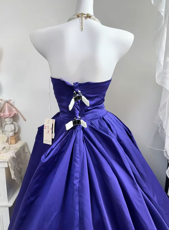 Royal Purple Satin Strapless Long Evening Gown, Beaded Rhinestone Sweetheart Neck Big Bow A-Line Princess Prom Dress gh9272