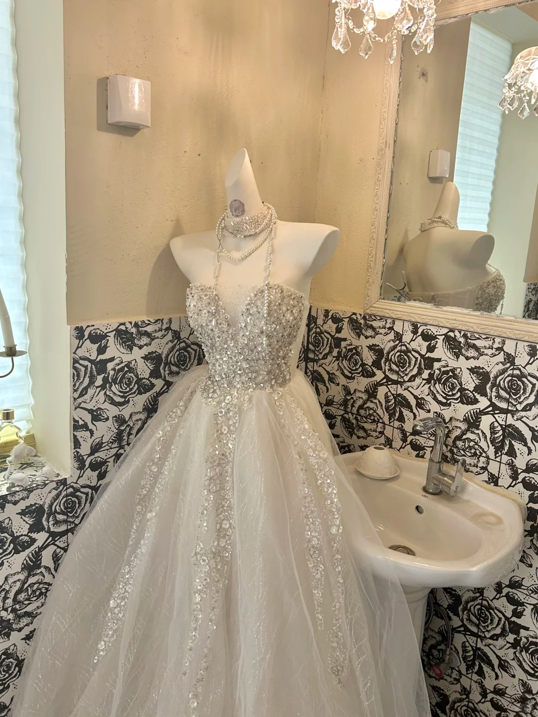Ivory Strapless Rhinestone Waist-Cinched Full Flared Skirt Long Romantic Dress, Wedding Gown gh7765