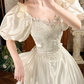 Long Prom & Wedding Dress, Off‑White With Puff Sleeves, Fitted Waist, Full Flared Skirt gh8608