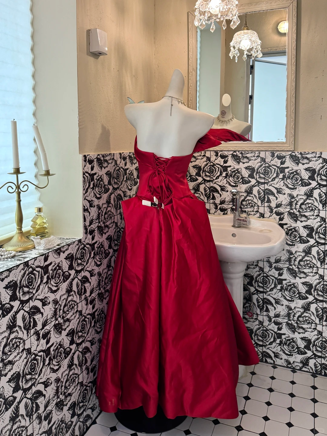 Red Stylish Strapless Satin Waist-Cinched Minimalist Elegant Romantic Dress, Wedding Gown gh7597