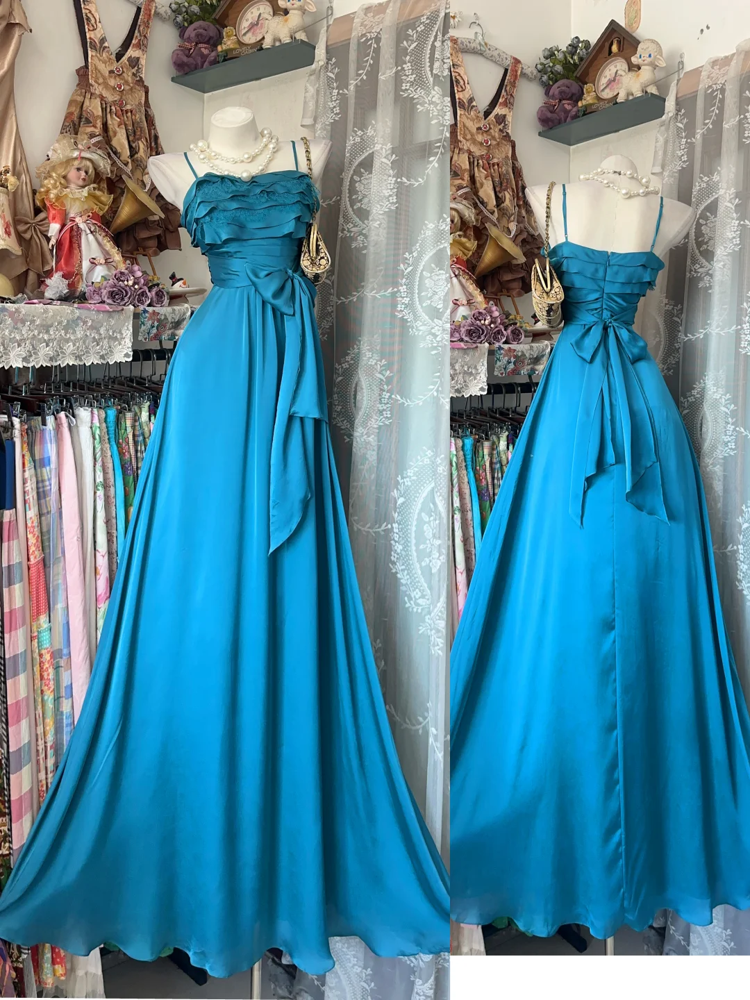 Elegant Vintage Turquoise Spaghetti Strap High Waist Fitted Long Prom & Evening Party Dress gh8490