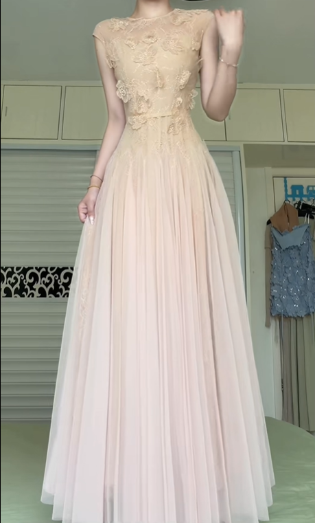 Nude Pink Sleeveless Evening Gown, 3D Floral Lace Tulle A‑Line Long Prom Dress With Cap Sleeve for Banquet Party gh8954