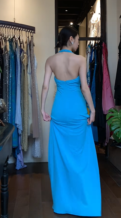 Turquoise Halter Long Formal Gown Chiffon Hand Beaded Maxi Evening Dress gh9649
