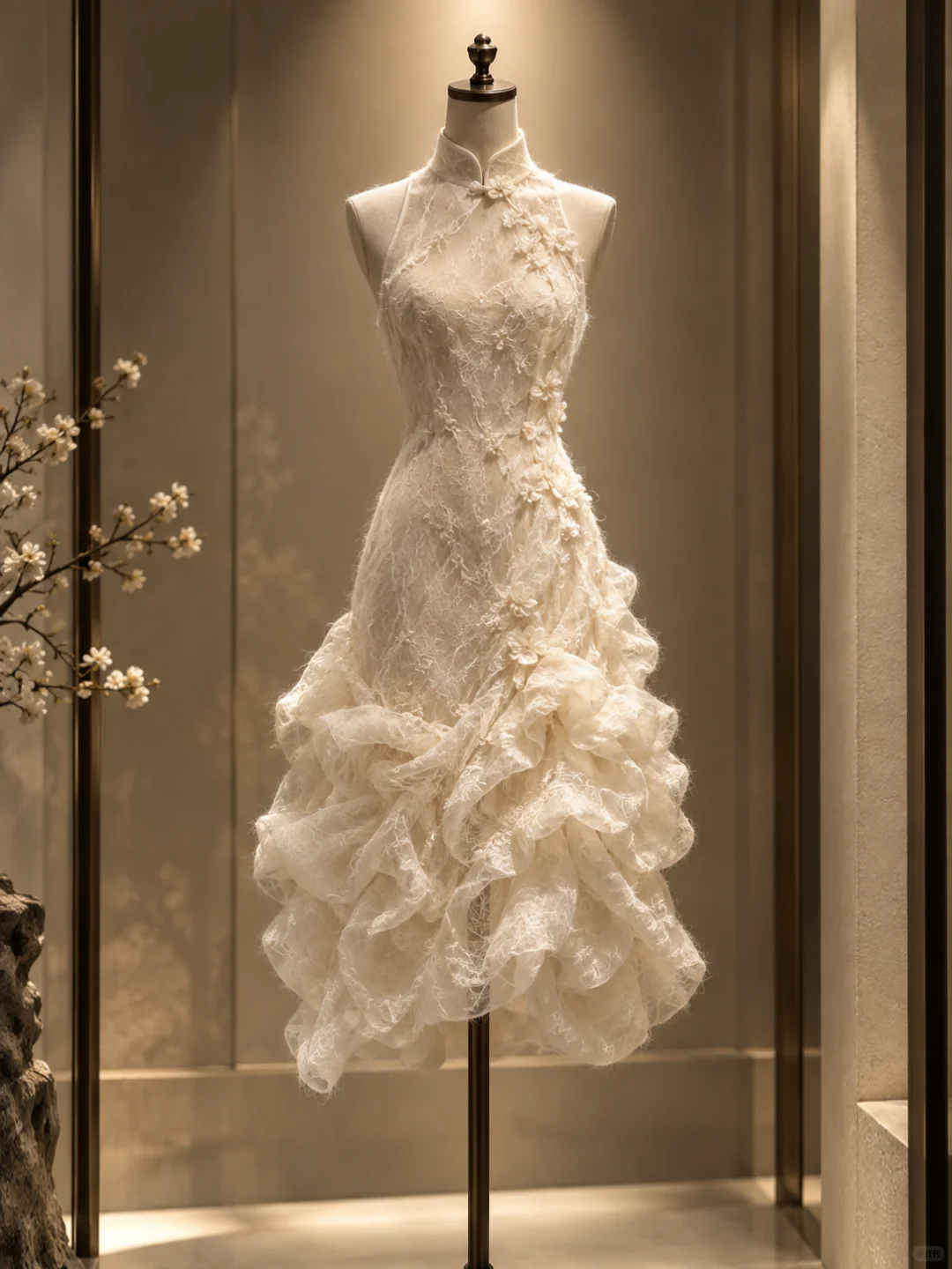 ✨Girlhomeshops-Ivory Halter Qipao Lace Dress High Neck with 3D Flowers & Asymmetrical Ruffle Skirt gh10316