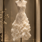 ✨Girlhomeshops-Ivory Halter Qipao Lace Dress High Neck with 3D Flowers & Asymmetrical Ruffle Skirt gh10316