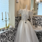 Ivory Rhombus Rhinestone Puff Sleeve Waist-Cinched Full Flared Romantic Dress, Wedding Gown gh7524