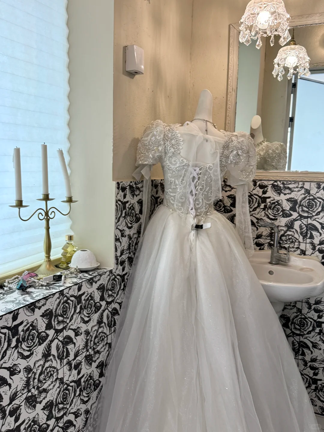 Ivory Rhombus Rhinestone Puff Sleeve Waist-Cinched Full Flared Romantic Dress, Wedding Gown gh7524