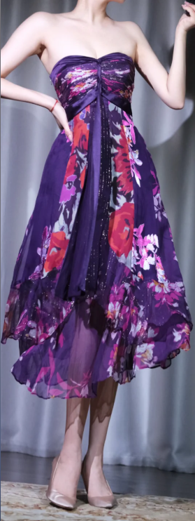 ✨Girlhomeshops-Purple Floral Chiffon Midi Prom Gown Strapless Twist Front Irregular Ruffle Hem Cocktail Dress gh10103
