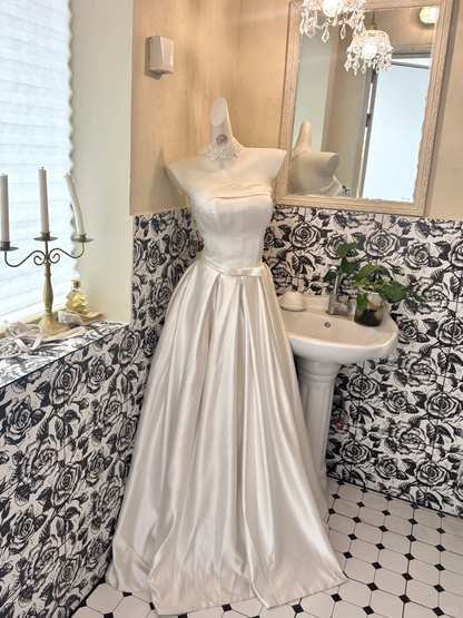 White Satin Strapless Waist-Cinched Full Flared Long Romantic Dress, Wedding Gown gh7686