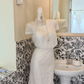 White Lace Overlay Satin Spaghetti Straps Cinched Waist Sexy Long Romantic Dress, Wedding Gown gh7827