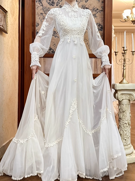 Ivory Vintage Empire Waist Wedding Prom Dress, Lace High Neck, Sheer Puff Long Sleeves, Pearl Lace Appliqués, A‑Line Long Train gh8695