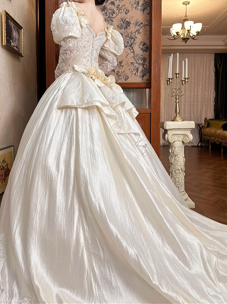 Ivory Vintage Wedding Ball Gown, Off‑the‑Shoulder Puff Short Sleeves With 3D Bows, Sweetheart Neck, Sheer Lace Long Sleeves, Beaded Lace Appliqués Fitted Bodice, Voluminous A‑Line Skirt With Scalloped Lace Hem, Prom Dress gh8659