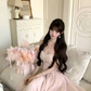 Women Romantic Light Pink Strapless Prom Dress Ruffle Bust Boned Corset Flowy Tulle Long Evening Gown gh9433