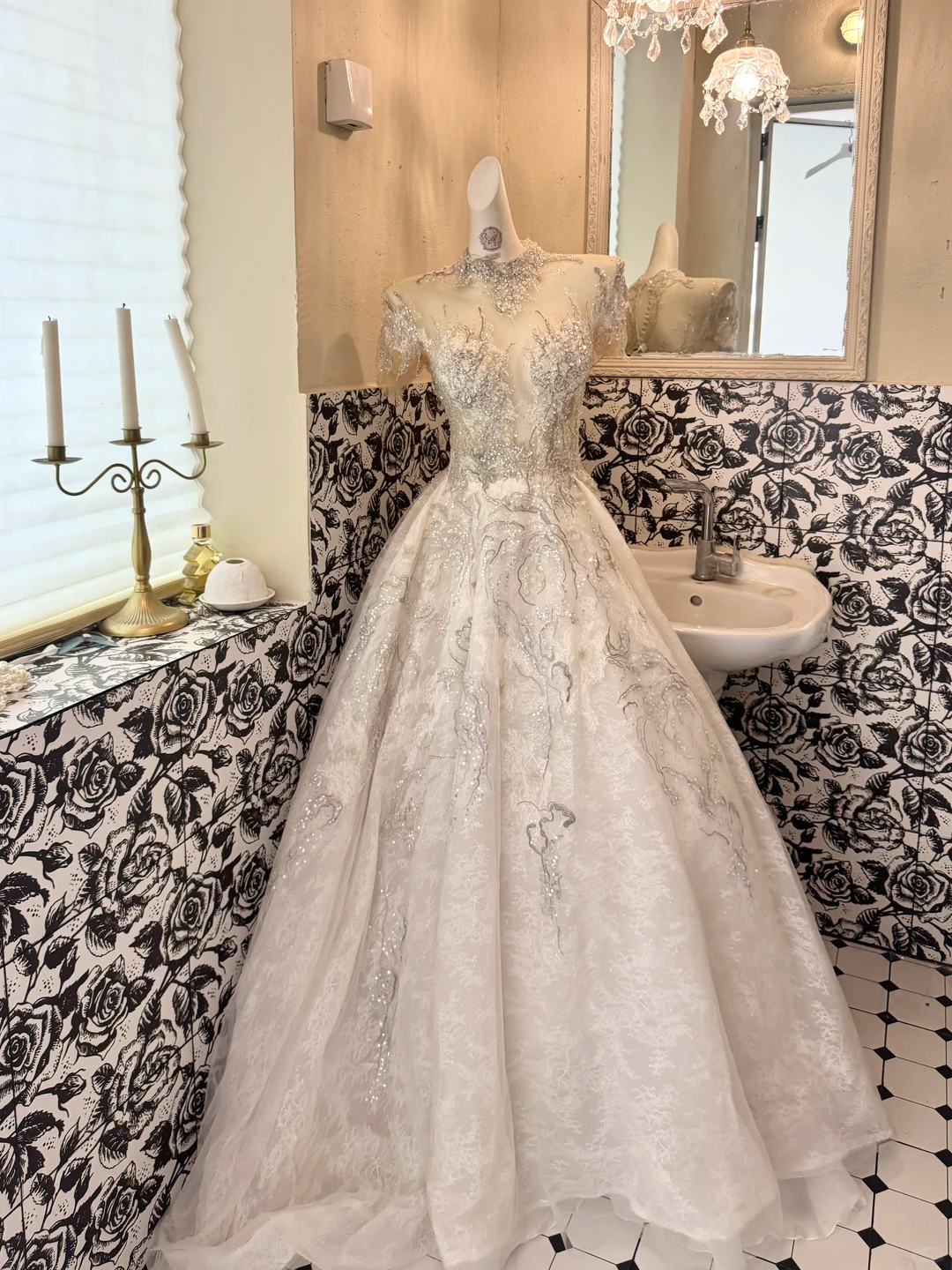 Ivory Rhinestone Embroidered Luxury Elegant Waist-Cinched Full Flared Romantic Dress, Wedding Gown gh7512