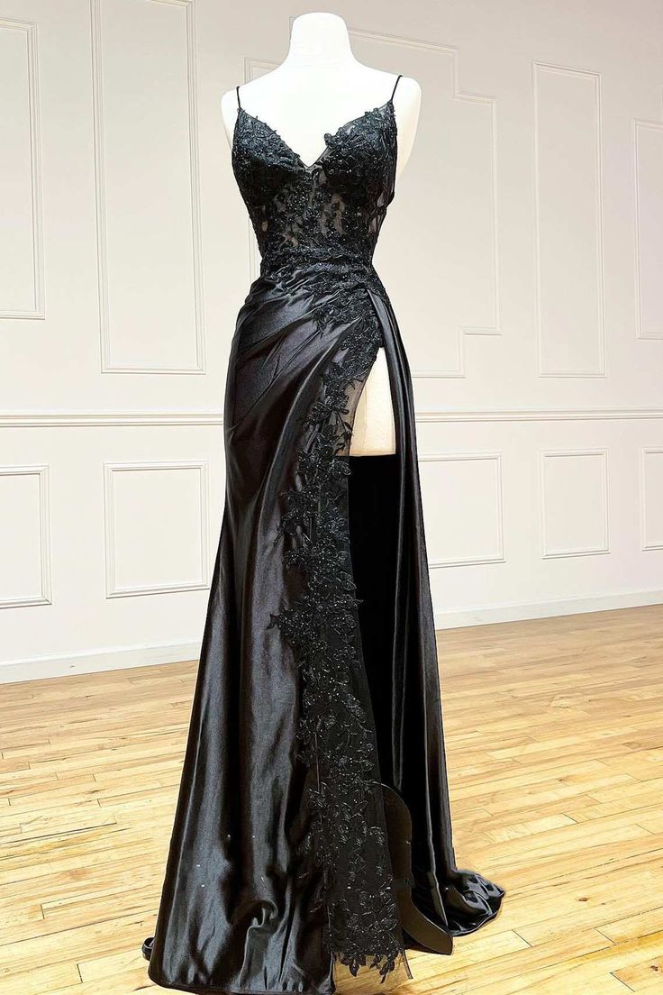 Black elegant sexy spaghetti straps applique side slits long lace evening gown ball gown gh2611