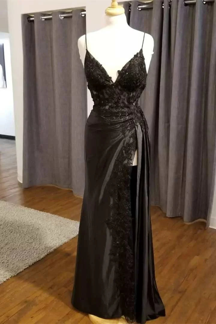 Black elegant sexy spaghetti straps applique side slits long lace evening gown ball gown gh2611