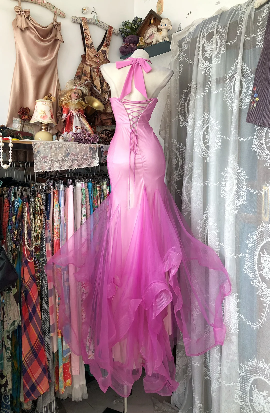 ✨Girlhomeshops-Fuchsia Halter Beaded Mermaid Gown Ruffle Tulle gh10135