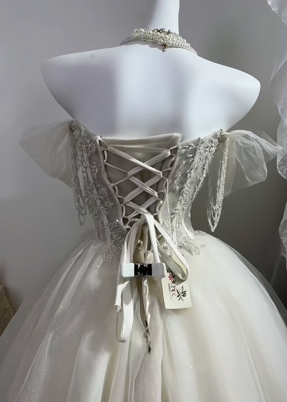 Off White Short Cocktail Dress, Off Shoulder Tulle Flutter Sleeve Heavy Beaded Corset Homecoming Gown gh9275