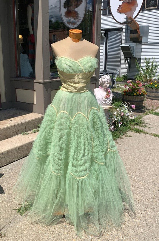 Hellgrünes, elegantes, langes Ballkleid aus Tüll mit Spitze im Retro-Stil, Abendkleid für den Abschlussball, gh3670