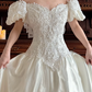 Off‑White Vintage Empire Waist V‑Neck Lace Appliqué Sheer Chiffon Puff Long Sleeve Ruffle Lace Hem Long Prom Gown, Wedding Dress gh8624