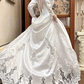 White Vintage Satin Wedding Prom Dress, Lace High Neck Choker, Leg‑of‑Mutton Puff Sleeves, Beaded Lace Appliqués, Floral Lace Embroidery A‑Line Long Train gh8669