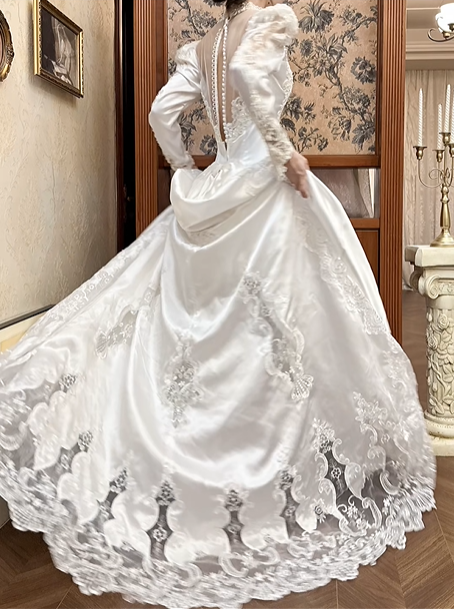 White Vintage Satin Wedding Prom Dress, Lace High Neck Choker, Leg‑of‑Mutton Puff Sleeves, Beaded Lace Appliqués, Floral Lace Embroidery A‑Line Long Train gh8669