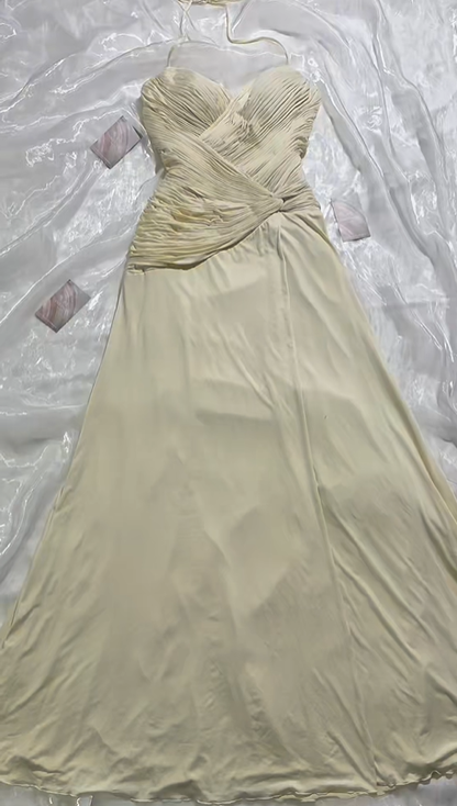 Vintage Elegant Off-White Halter Prom & Evening Party Dress, Fitted Waist Slimming Silhouette gh8572