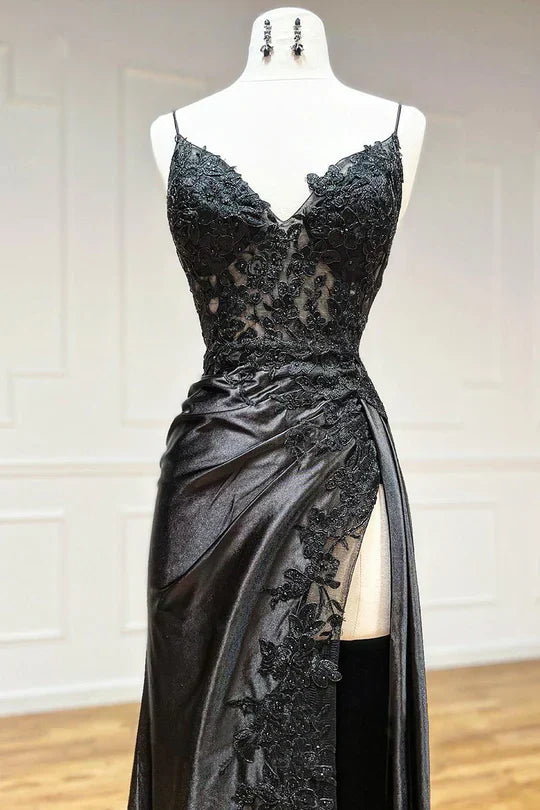 Black elegant sexy spaghetti straps applique side slits long lace evening gown ball gown gh2611