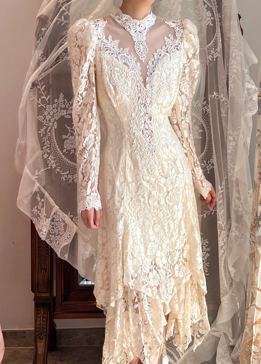 Ivory Vintage Lace Midi Wedding Dress, High Neck Long Puff Sleeve Bridal Gown gh9336