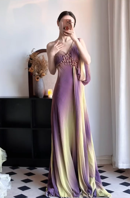 Purple‑Yellow‑Ombre‑Greek‑Gown One‑Shoulder‑V‑Neck Hand‑Beaded‑Bodice Flowy‑Chiffon Detachable‑Long‑Sash Draped‑Floor‑Length Retro‑Goddess‑Evening‑Dress gh8846